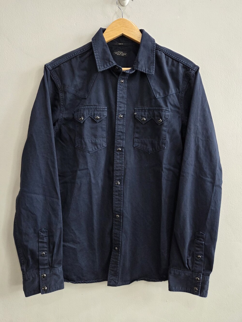 AllSaints Western Snap Button Shirt Navy Blue Men's Size Slim Fit Medium